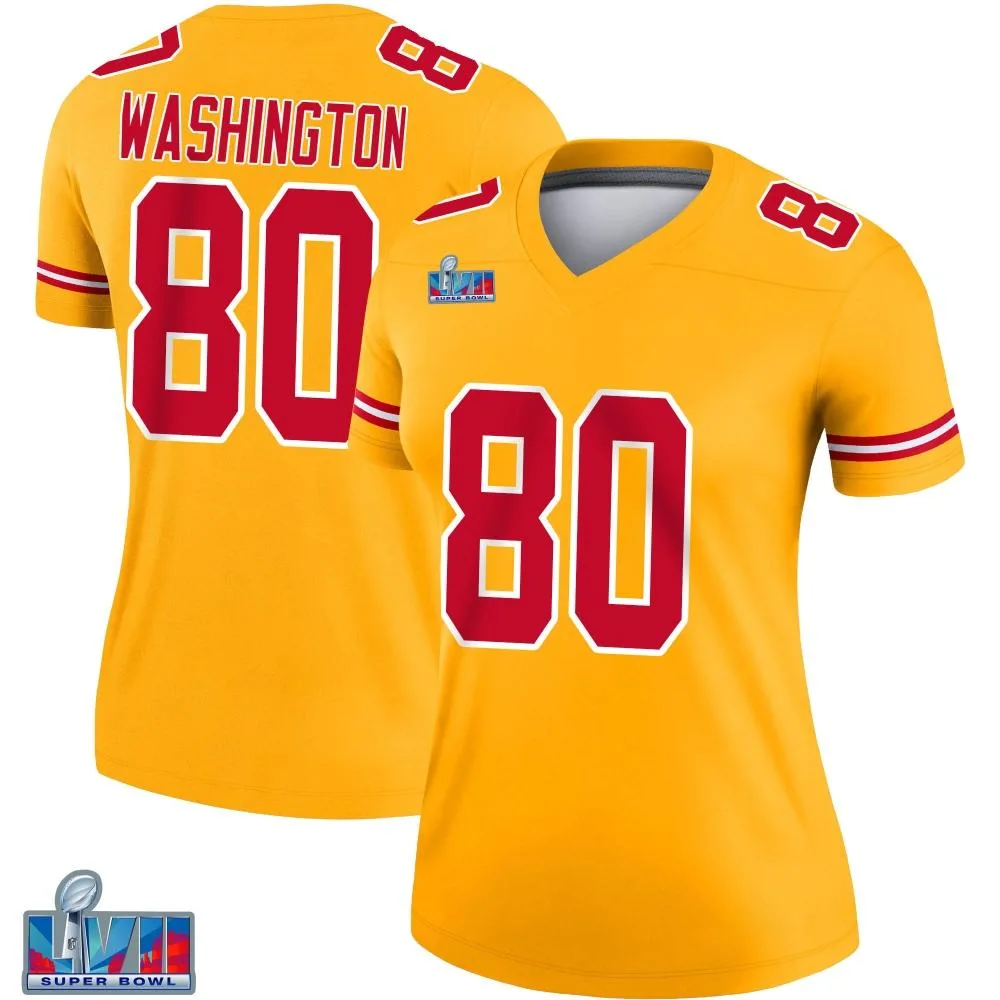 Women's Kansas City Chiefs Montrell Washington Nike Inverted Super Bowl LVII Patch Legend Gold Jersey Women's Kansas City Chiefs Montrell Washington Nike Inverted Super Bowl LVII Patch Legend Gold Jersey
