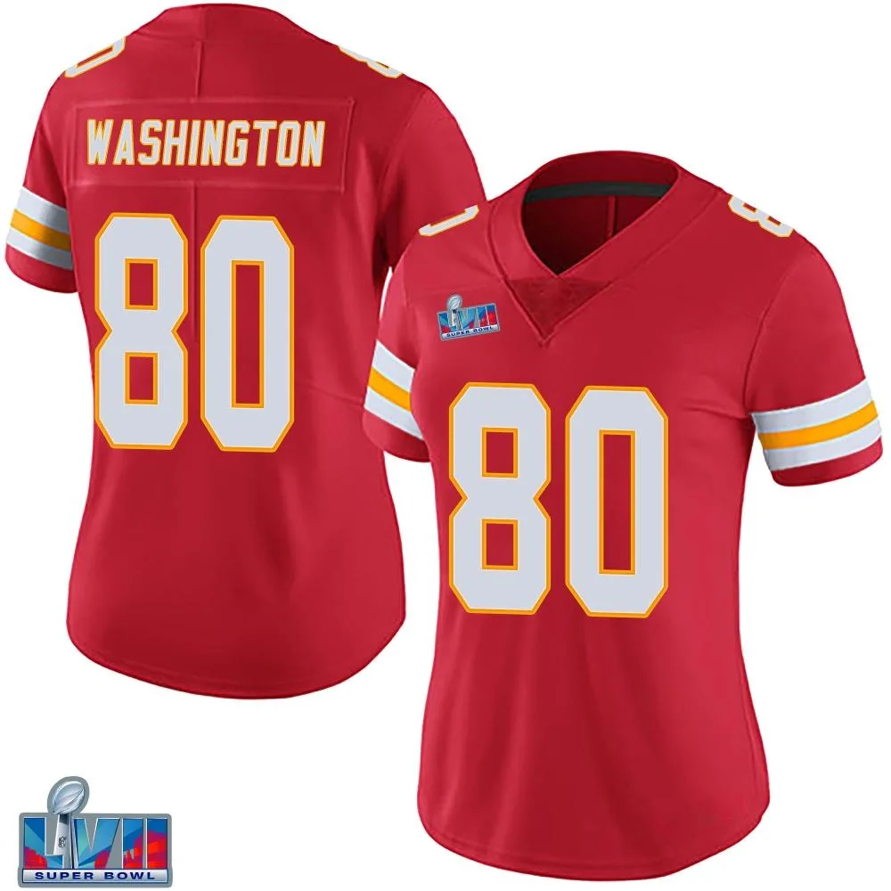 Women's Kansas City Chiefs Montrell Washington Nike Team Color Vapor Untouchable Super Bowl LVII Patch Limited Red Jersey Women's Kansas City Chiefs Montrell Washington Nike Team Color Vapor Untouchable Super Bowl LVII Patch Limited Red Jersey