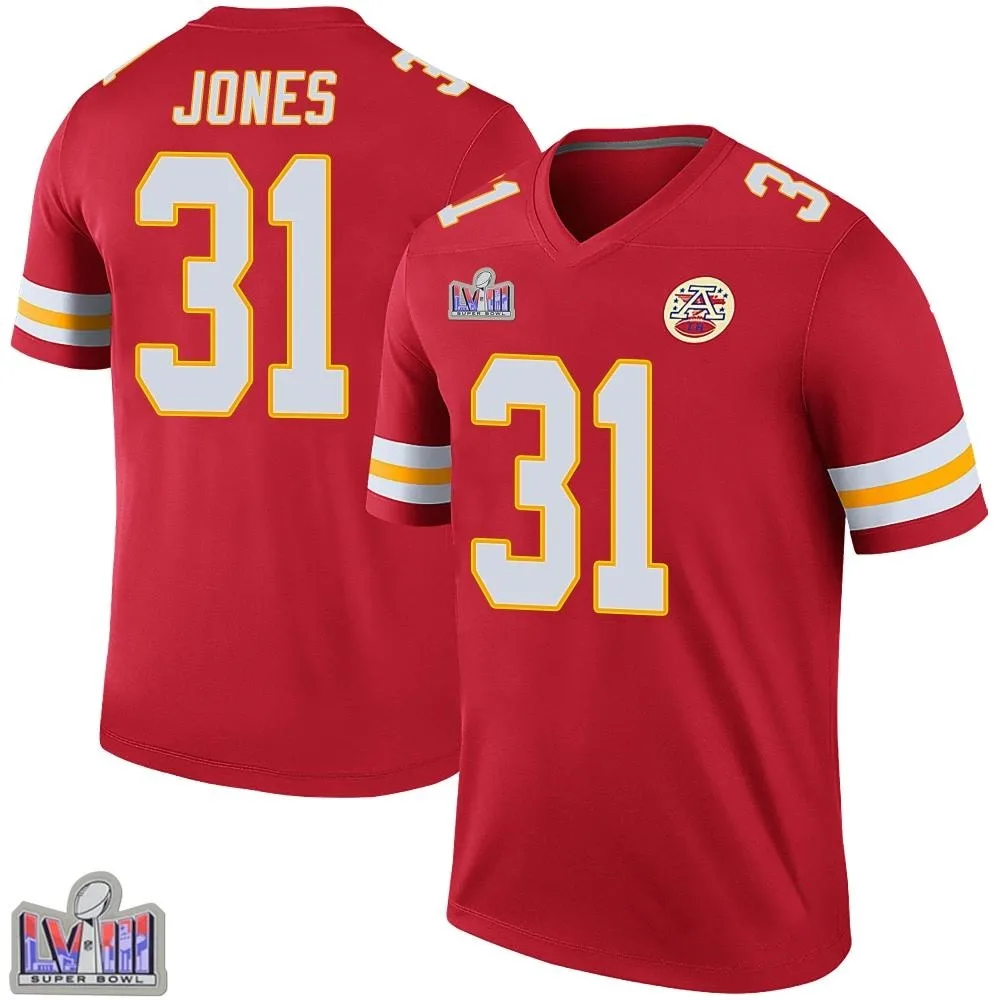 Men's Kansas City Chiefs Nic Jones Nike Color Rush Super Bowl LVIII Patch Legend Red Jersey Men's Kansas City Chiefs Nic Jones Nike Color Rush Super Bowl LVIII Patch Legend Red Jersey
