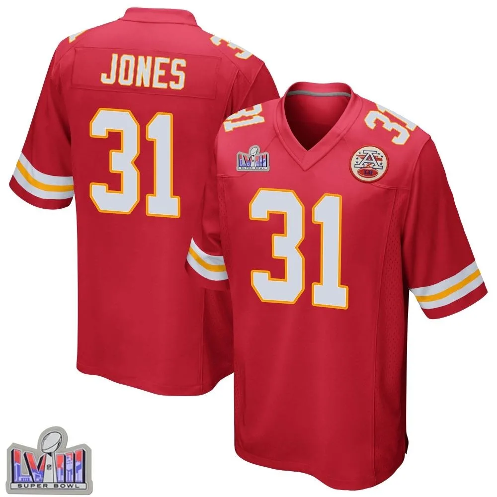 Men's Kansas City Chiefs Nic Jones Nike Team Color Super Bowl LVIII Patch Game Red Jersey Men's Kansas City Chiefs Nic Jones Nike Team Color Super Bowl LVIII Patch Game Red Jersey