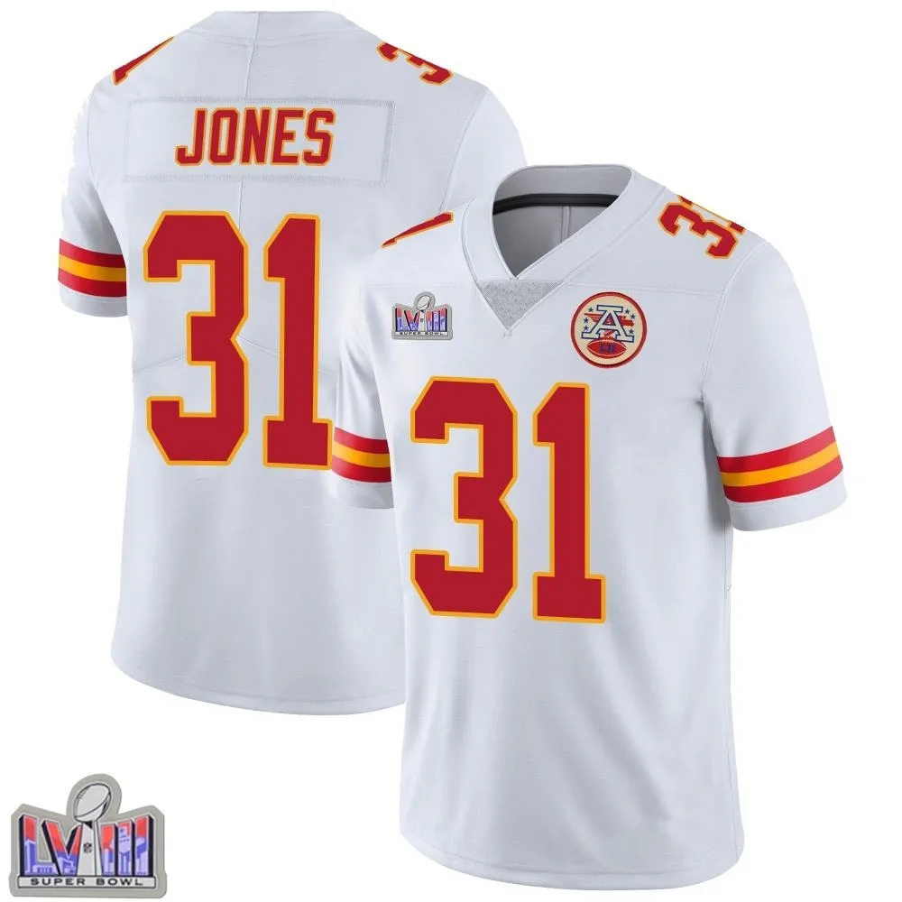 Men's Kansas City Chiefs Nic Jones Nike Vapor Untouchable Super Bowl LVIII Patch Limited White Jersey Men's Kansas City Chiefs Nic Jones Nike Vapor Untouchable Super Bowl LVIII Patch Limited White Jersey
