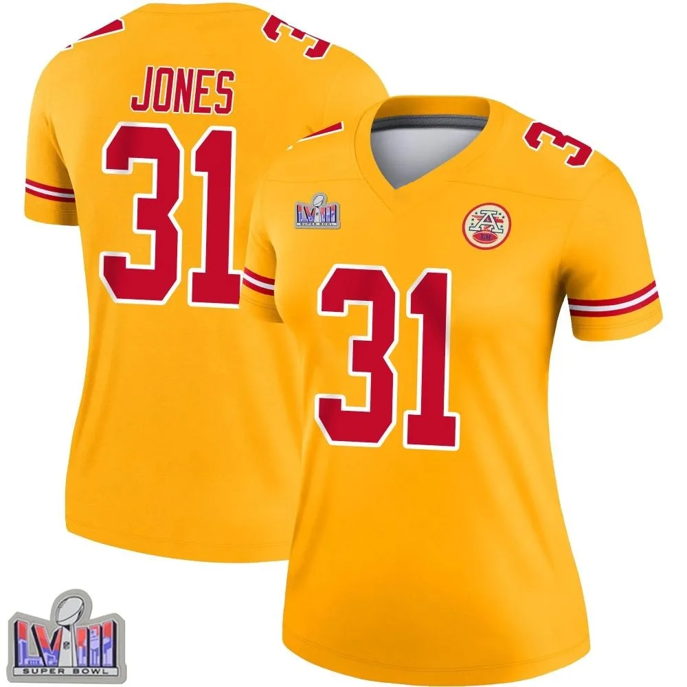Women's Kansas City Chiefs Nic Jones Nike Inverted Super Bowl LVIII Patch Legend Gold Jersey Women's Kansas City Chiefs Nic Jones Nike Inverted Super Bowl LVIII Patch Legend Gold Jersey