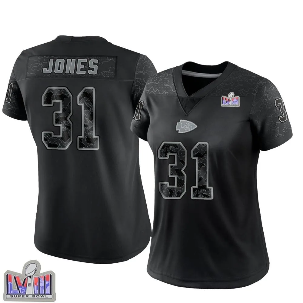 Women's Kansas City Chiefs Nic Jones Nike Reflective Super Bowl LVIII Patch Limited Black Jersey Women's Kansas City Chiefs Nic Jones Nike Reflective Super Bowl LVIII Patch Limited Black Jersey