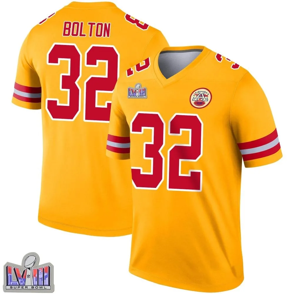 Men's Kansas City Chiefs Nick Bolton Nike Inverted Super Bowl LVIII Patch Legend Gold Jersey Men's Kansas City Chiefs Nick Bolton Nike Inverted Super Bowl LVIII Patch Legend Gold Jersey