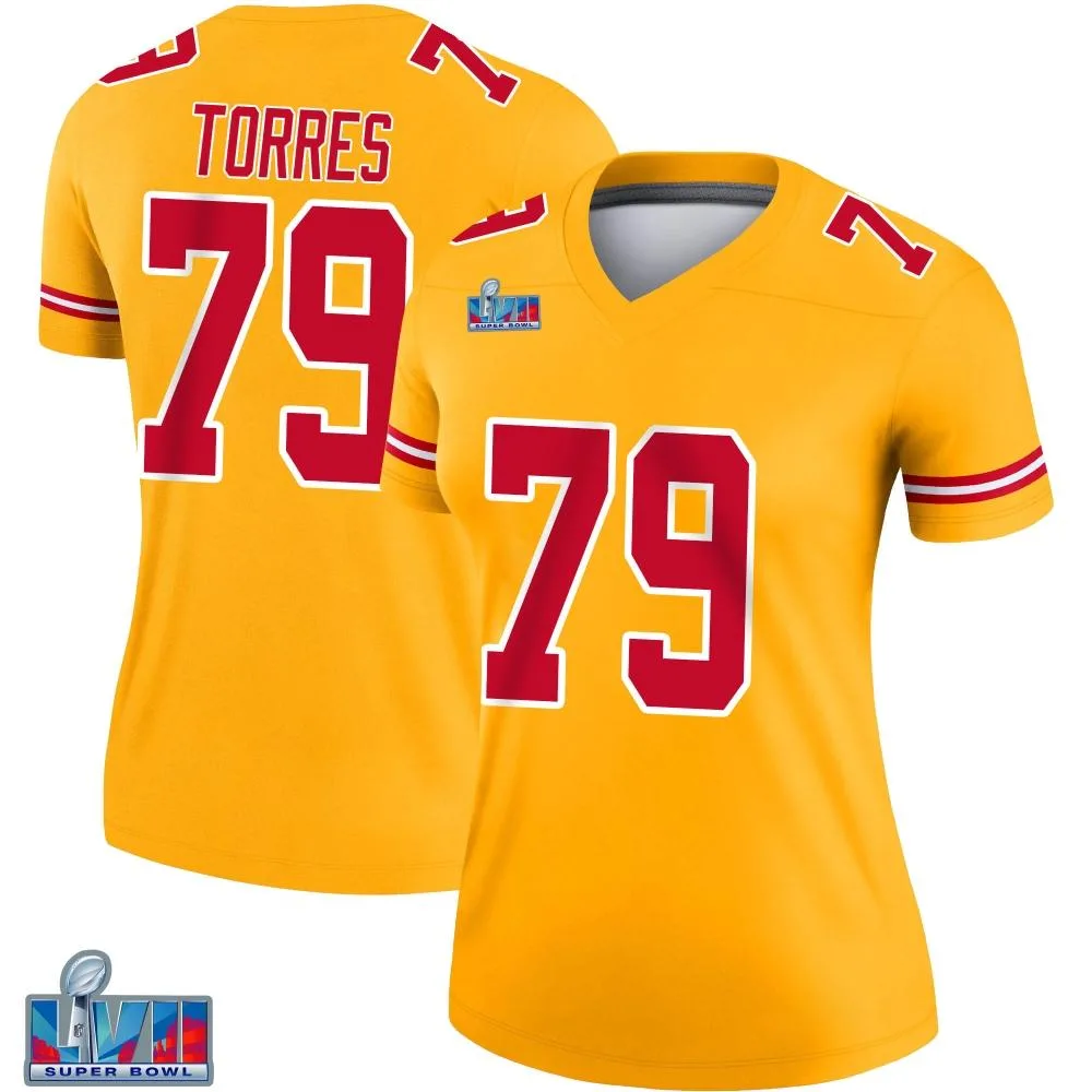 Women's Kansas City Chiefs Nick Torres Nike Inverted Super Bowl LVII Patch Legend Gold Jersey Women's Kansas City Chiefs Nick Torres Nike Inverted Super Bowl LVII Patch Legend Gold Jersey