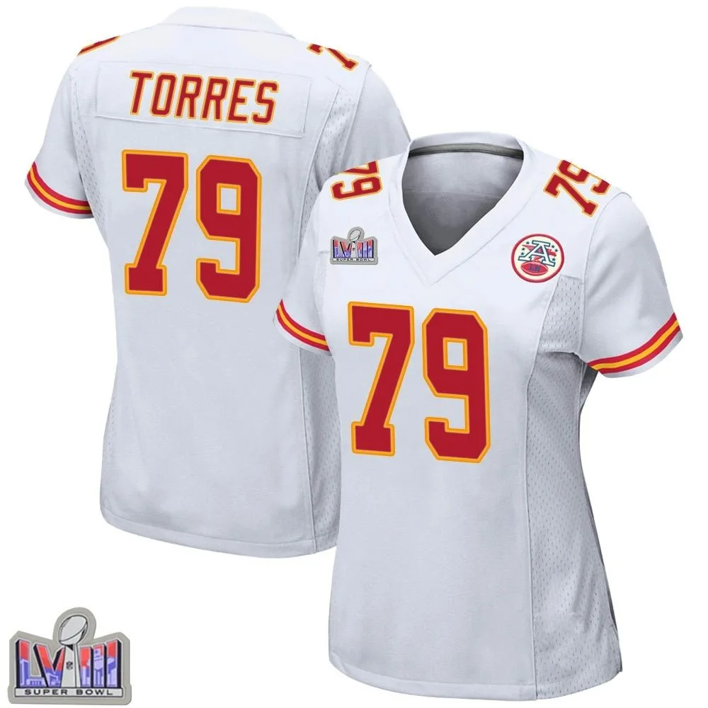 Women's Kansas City Chiefs Nick Torres Nike Super Bowl LVIII Patch Game White Jersey Women's Kansas City Chiefs Nick Torres Nike Super Bowl LVIII Patch Game White Jersey