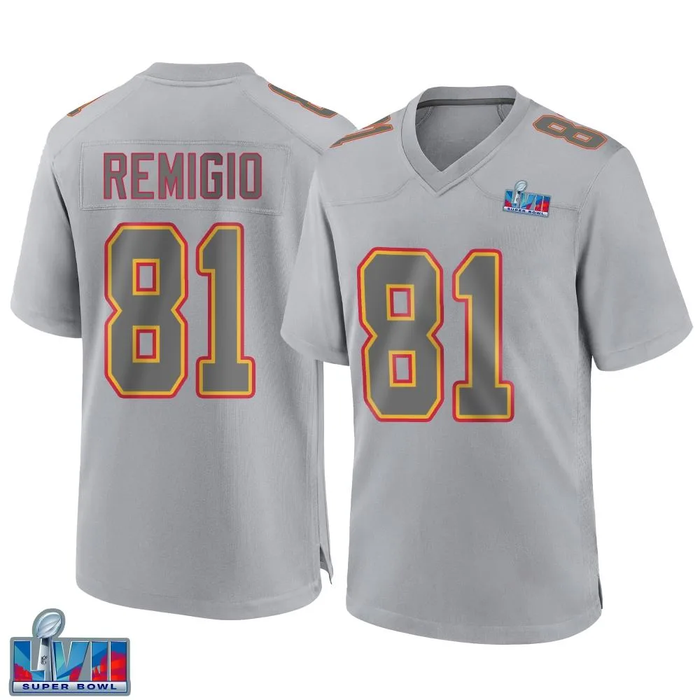 Men's Kansas City Chiefs Nikko Remigio Nike Atmosphere Fashion Super Bowl LVII Patch Game Gray Jersey Men's Kansas City Chiefs Nikko Remigio Nike Atmosphere Fashion Super Bowl LVII Patch Game Gray Jersey