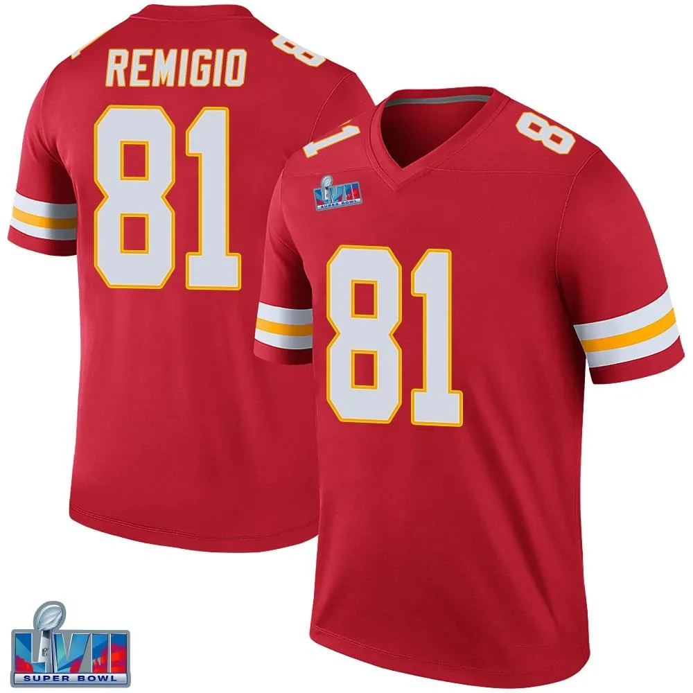 Men's Kansas City Chiefs Nikko Remigio Nike Color Rush Super Bowl LVII Patch Legend Red Jersey Men's Kansas City Chiefs Nikko Remigio Nike Color Rush Super Bowl LVII Patch Legend Red Jersey