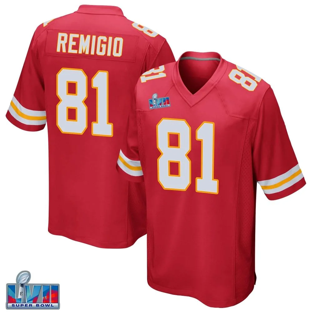Men's Kansas City Chiefs Nikko Remigio Nike Team Color Super Bowl LVII Patch Game Red Jersey Men's Kansas City Chiefs Nikko Remigio Nike Team Color Super Bowl LVII Patch Game Red Jersey