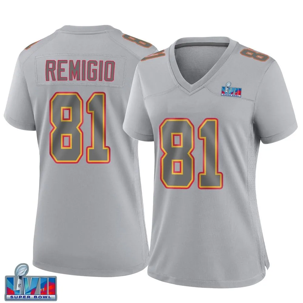 Women's Kansas City Chiefs Nikko Remigio Nike Atmosphere Fashion Super Bowl LVII Patch Game Gray Jersey Women's Kansas City Chiefs Nikko Remigio Nike Atmosphere Fashion Super Bowl LVII Patch Game Gray Jersey