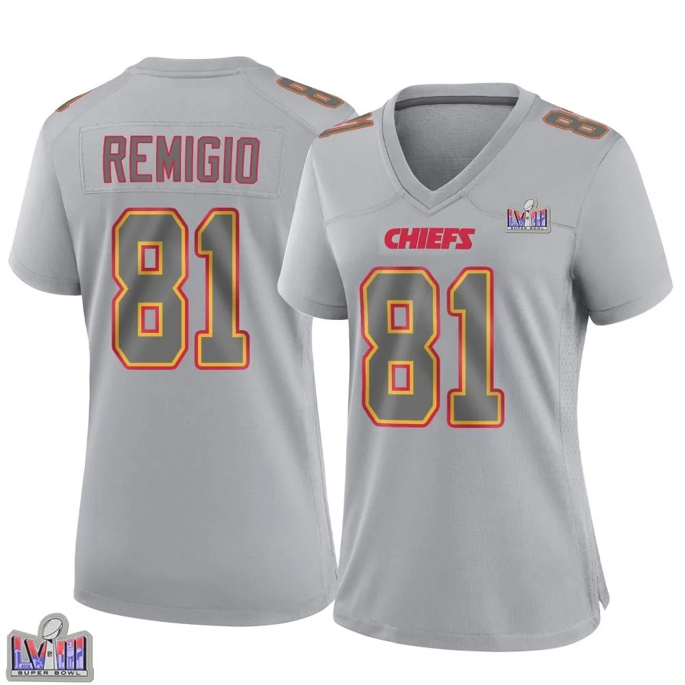 Women's Kansas City Chiefs Nikko Remigio Nike Atmosphere Fashion Super Bowl LVIII Patch Game Gray Jersey Women's Kansas City Chiefs Nikko Remigio Nike Atmosphere Fashion Super Bowl LVIII Patch Game Gray Jersey