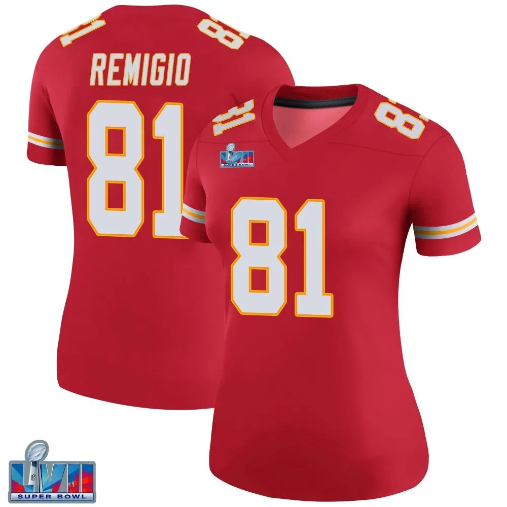 Women's Kansas City Chiefs Nikko Remigio Nike Color Rush Super Bowl LVII Patch Legend Red Jersey Women's Kansas City Chiefs Nikko Remigio Nike Color Rush Super Bowl LVII Patch Legend Red Jersey