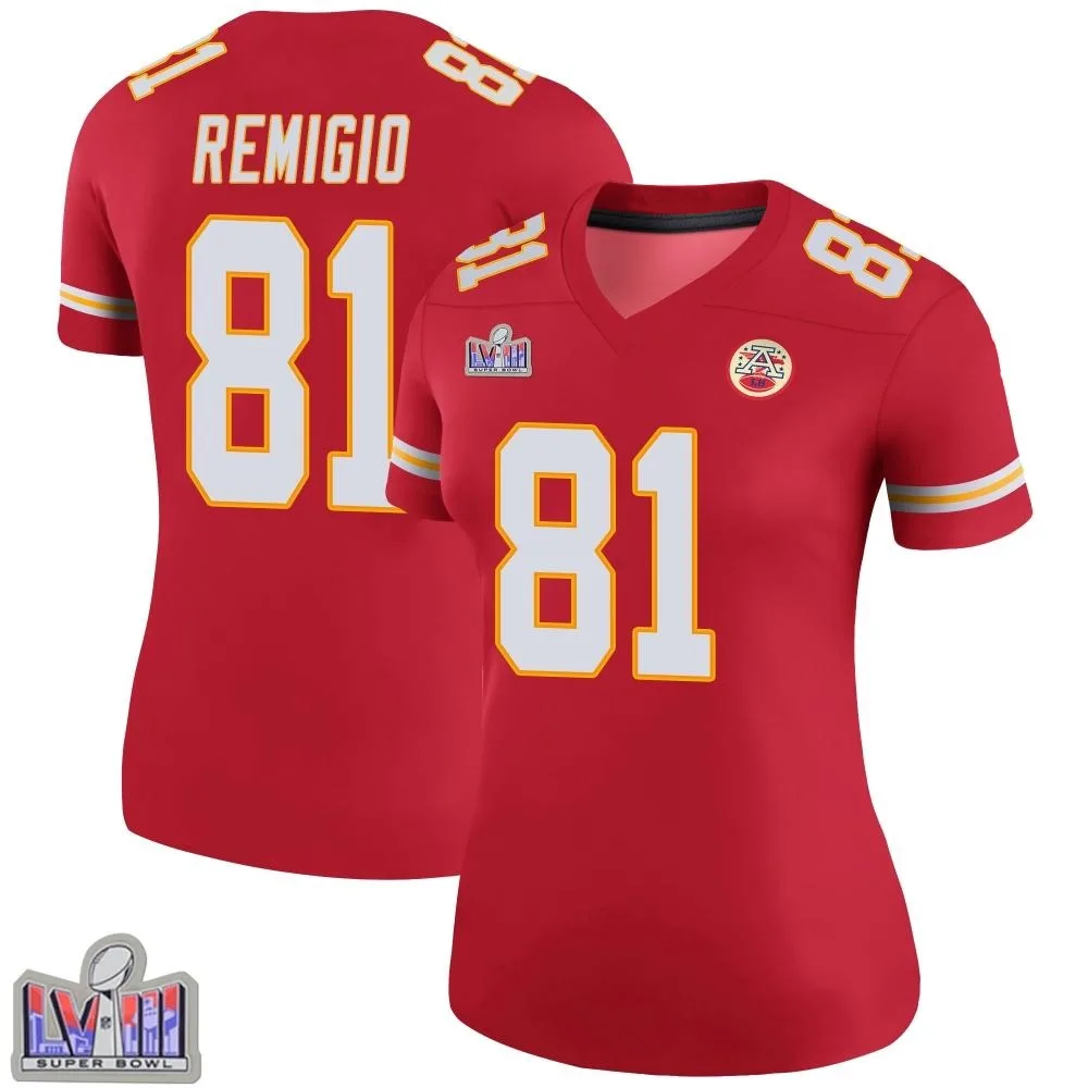 Women's Kansas City Chiefs Nikko Remigio Nike Color Rush Super Bowl LVIII Patch Legend Red Jersey Women's Kansas City Chiefs Nikko Remigio Nike Color Rush Super Bowl LVIII Patch Legend Red Jersey