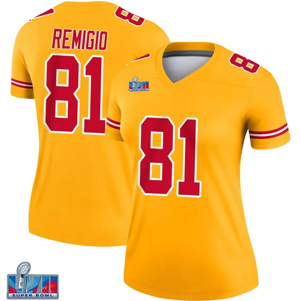 Women's Kansas City Chiefs Nikko Remigio Nike Inverted Super Bowl LVII Patch Legend Gold Jersey Women's Kansas City Chiefs Nikko Remigio Nike Inverted Super Bowl LVII Patch Legend Gold Jersey