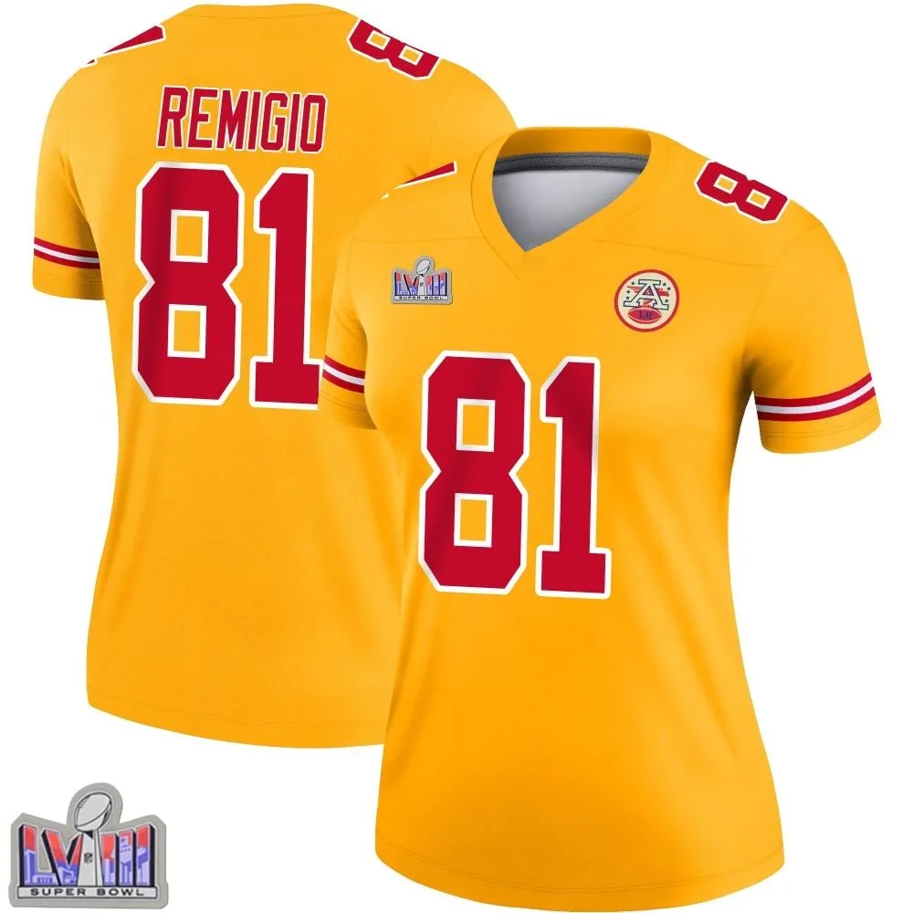 Women's Kansas City Chiefs Nikko Remigio Nike Inverted Super Bowl LVIII Patch Legend Gold Jersey Women's Kansas City Chiefs Nikko Remigio Nike Inverted Super Bowl LVIII Patch Legend Gold Jersey