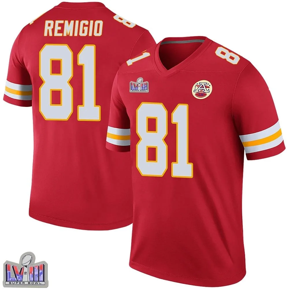 Youth Kansas City Chiefs Nikko Remigio Nike Color Rush Super Bowl LVIII Patch Legend Red Jersey Youth Kansas City Chiefs Nikko Remigio Nike Color Rush Super Bowl LVIII Patch Legend Red Jersey