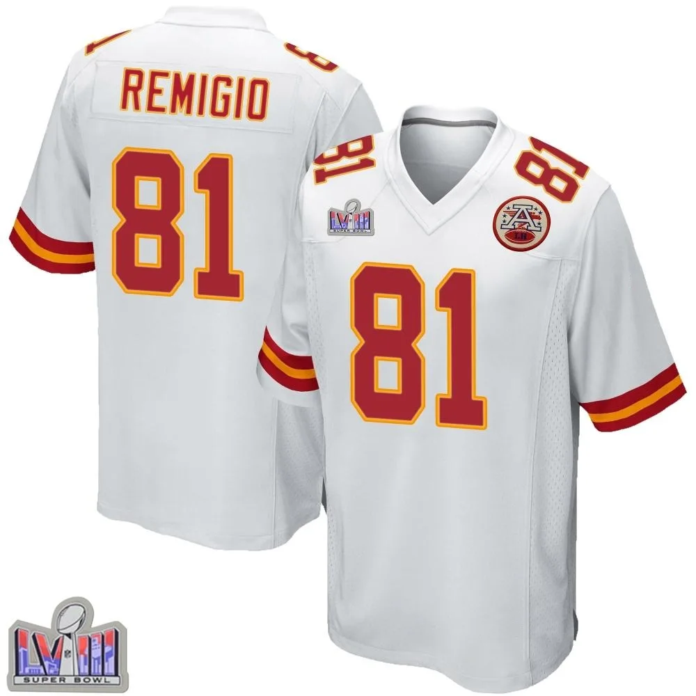 Youth Kansas City Chiefs Nikko Remigio Nike Super Bowl LVIII Patch Game White Jersey Youth Kansas City Chiefs Nikko Remigio Nike Super Bowl LVIII Patch Game White Jersey