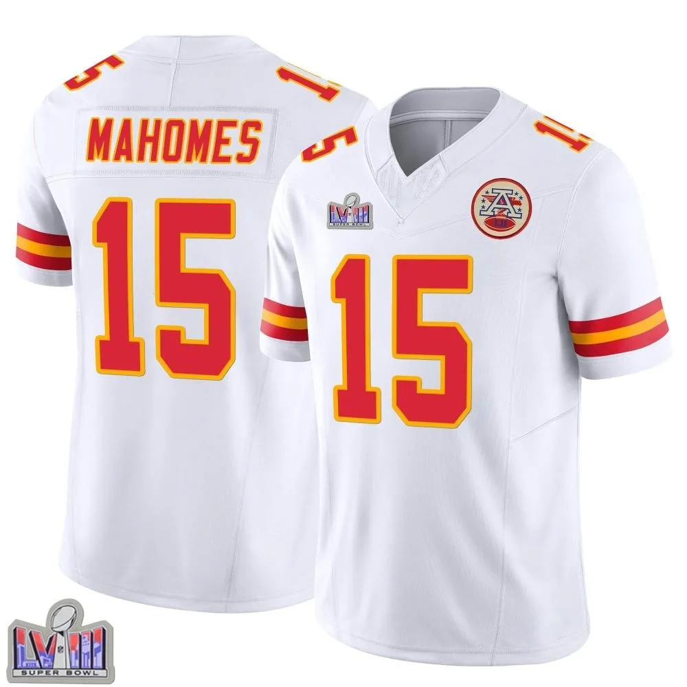 Youth Kansas City Chiefs Patrick Mahomes Nike Vapor F.U.S.E. Super Bowl LVIII Patch Limited White Jersey Youth Kansas City Chiefs Patrick Mahomes Nike Vapor F.U.S.E. Super Bowl LVIII Patch Limited White Jersey