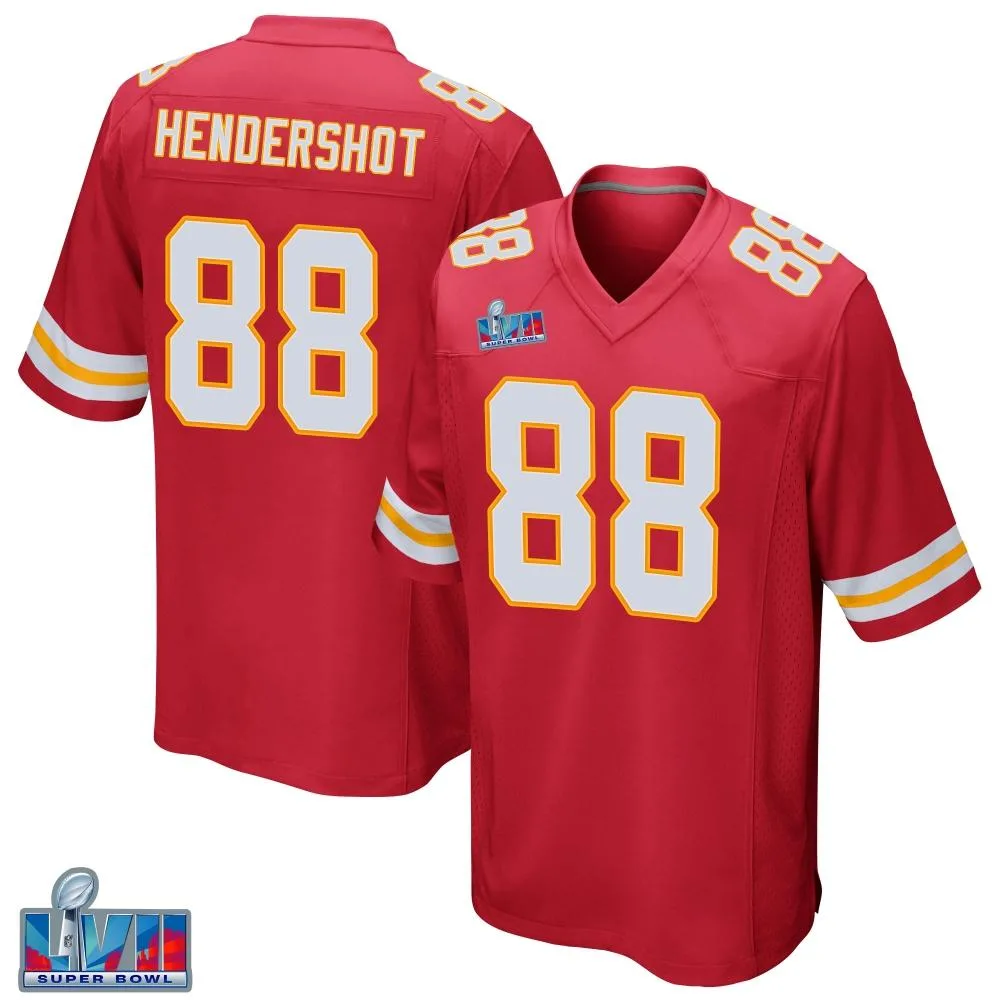 Men's Kansas City Chiefs Peyton Hendershot Nike Team Color Super Bowl LVII Patch Game Red Jersey Men's Kansas City Chiefs Peyton Hendershot Nike Team Color Super Bowl LVII Patch Game Red Jersey