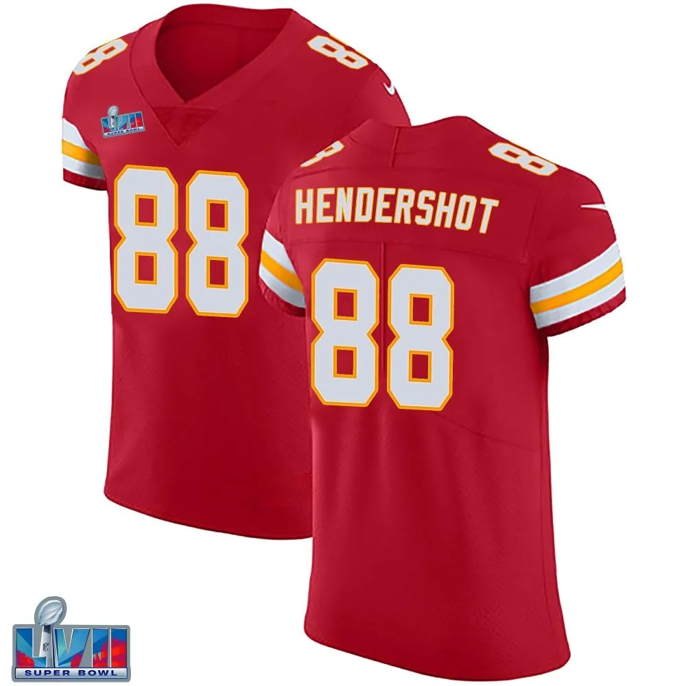 Men's Kansas City Chiefs Peyton Hendershot Nike Team Color Vapor Untouchable Super Bowl LVII Patch Elite Red Jersey Men's Kansas City Chiefs Peyton Hendershot Nike Team Color Vapor Untouchable Super Bowl LVII Patch Elite Red Jersey