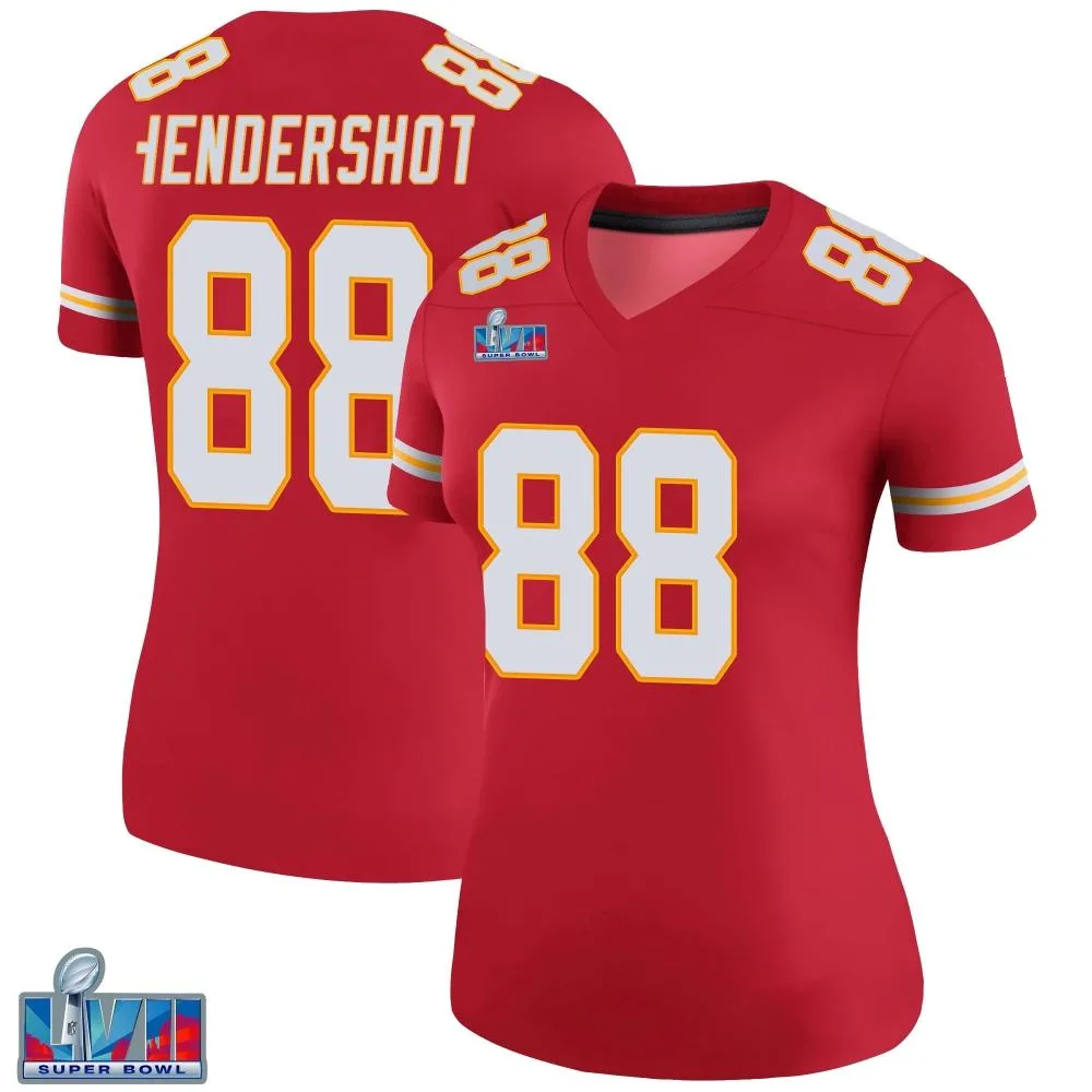 Women's Kansas City Chiefs Peyton Hendershot Nike Color Rush Super Bowl LVII Patch Legend Red Jersey Women's Kansas City Chiefs Peyton Hendershot Nike Color Rush Super Bowl LVII Patch Legend Red Jersey