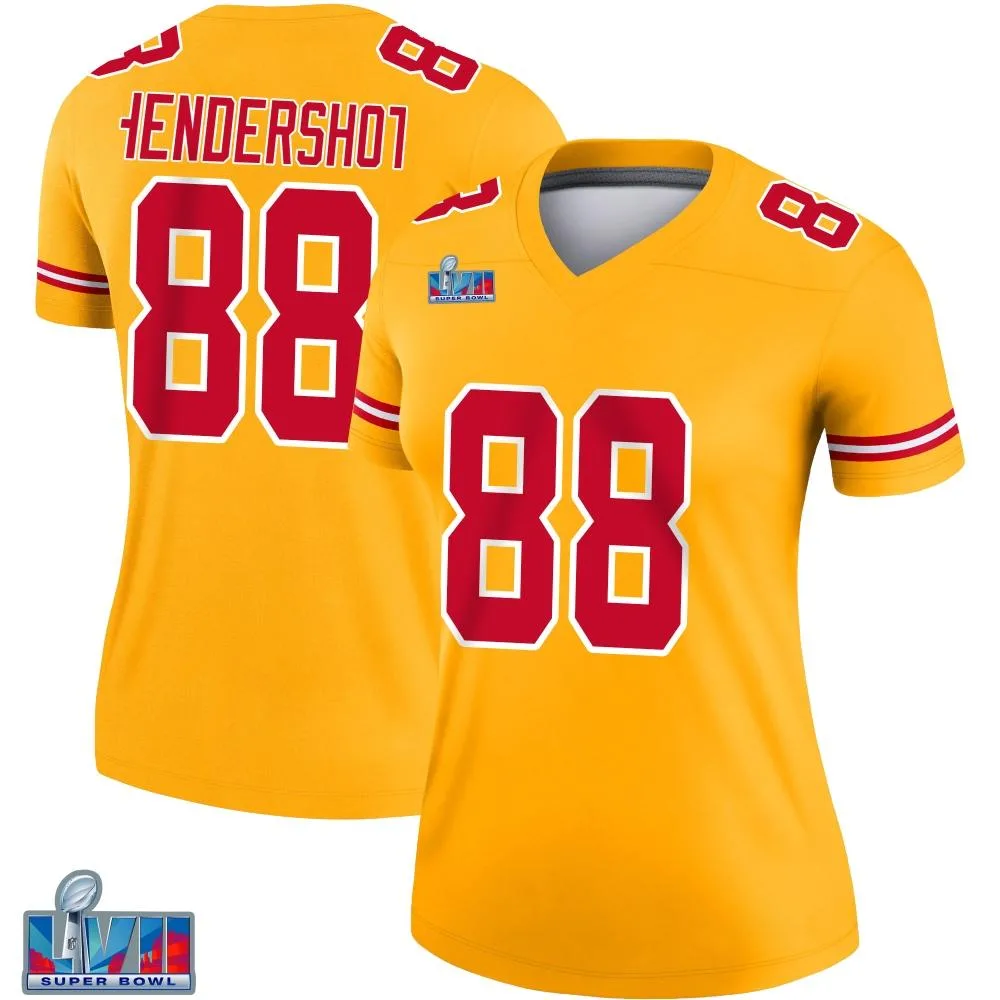 Women's Kansas City Chiefs Peyton Hendershot Nike Inverted Super Bowl LVII Patch Legend Gold Jersey Women's Kansas City Chiefs Peyton Hendershot Nike Inverted Super Bowl LVII Patch Legend Gold Jersey