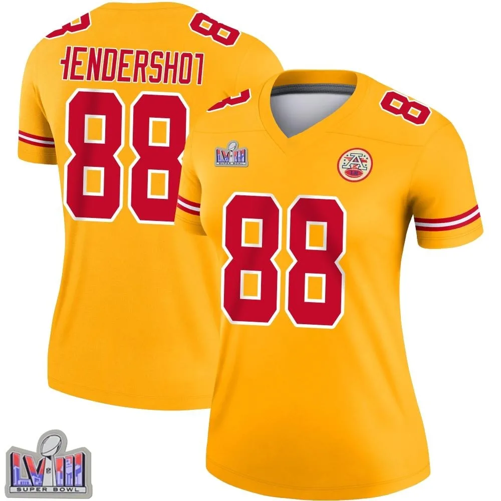 Women's Kansas City Chiefs Peyton Hendershot Nike Inverted Super Bowl LVIII Patch Legend Gold Jersey Women's Kansas City Chiefs Peyton Hendershot Nike Inverted Super Bowl LVIII Patch Legend Gold Jersey
