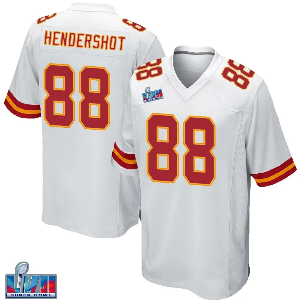 Youth Kansas City Chiefs Peyton Hendershot Nike Super Bowl LVII Patch Game White Jersey Youth Kansas City Chiefs Peyton Hendershot Nike Super Bowl LVII Patch Game White Jersey