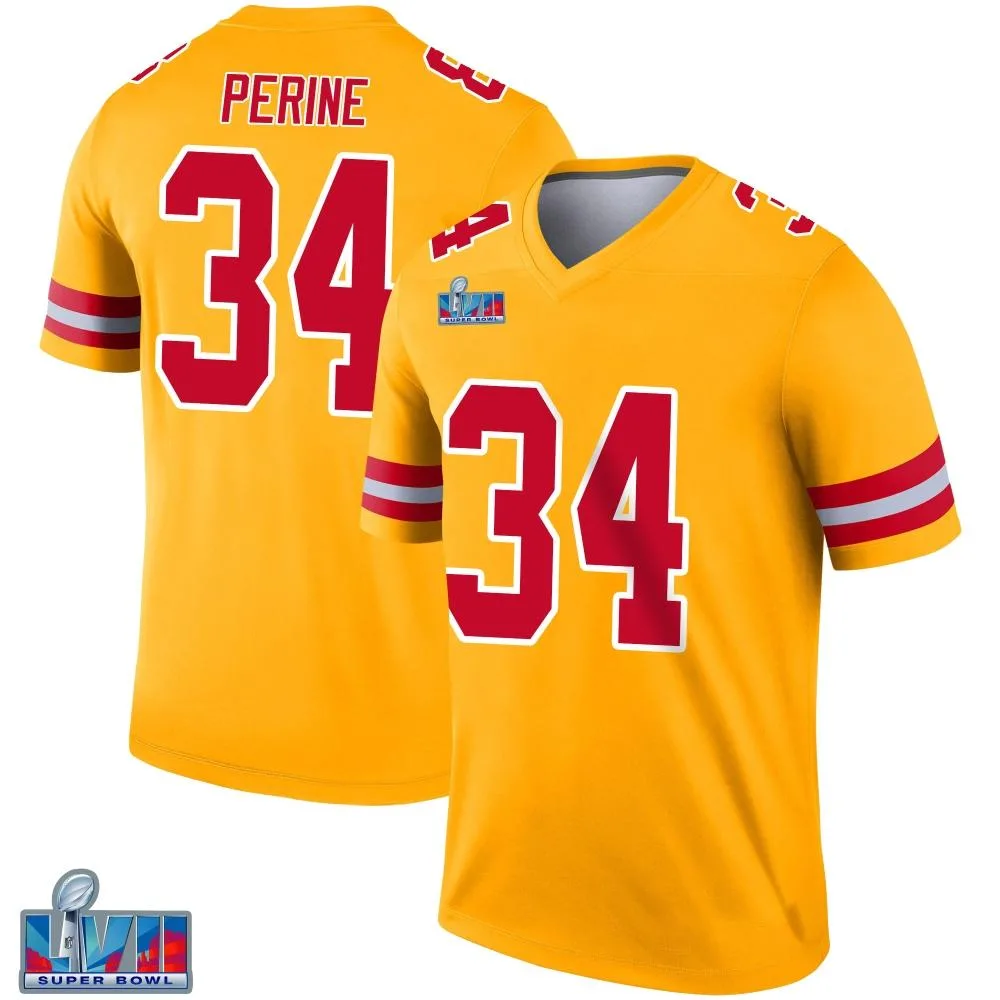 Men's Kansas City Chiefs Samaje Perine Nike Inverted Super Bowl LVII Patch Legend Gold Jersey Men's Kansas City Chiefs Samaje Perine Nike Inverted Super Bowl LVII Patch Legend Gold Jersey