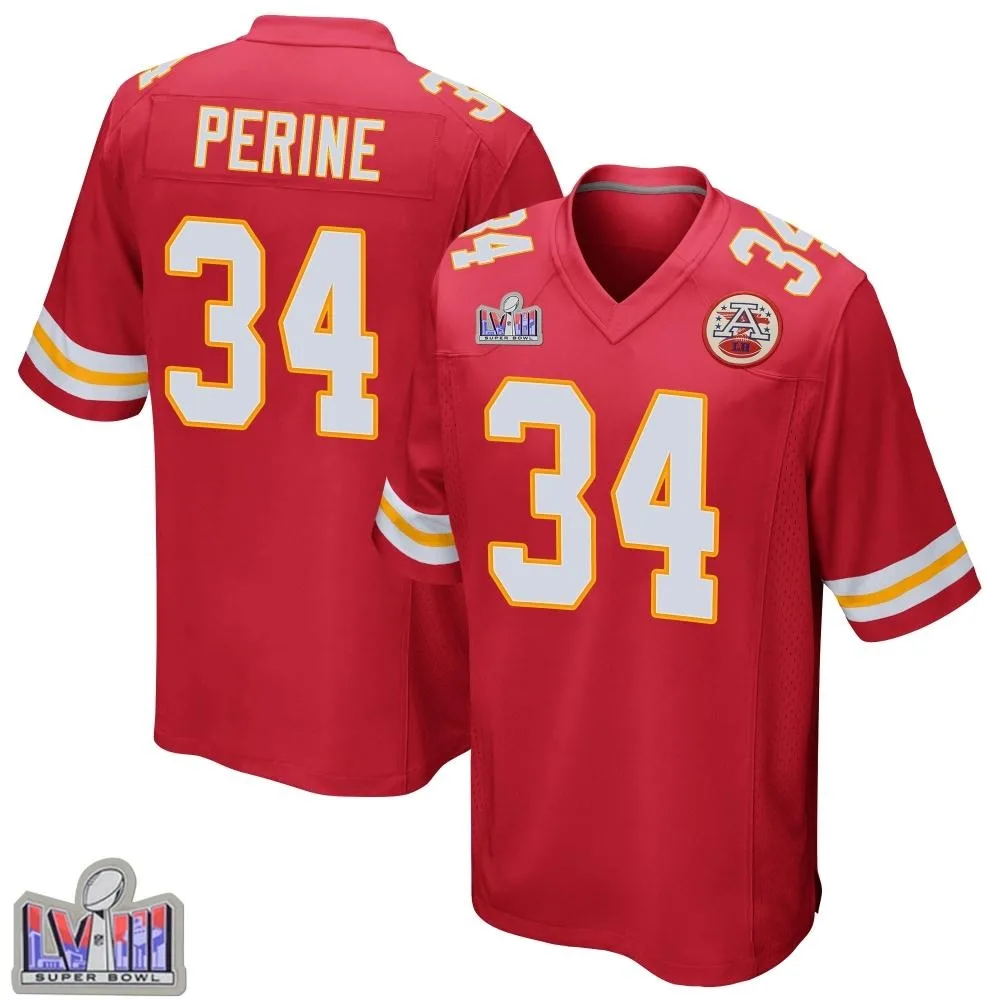 Men's Kansas City Chiefs Samaje Perine Nike Team Color Super Bowl LVIII Patch Game Red Jersey Men's Kansas City Chiefs Samaje Perine Nike Team Color Super Bowl LVIII Patch Game Red Jersey