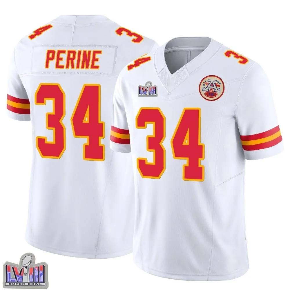 Men's Kansas City Chiefs Samaje Perine Nike Vapor F.U.S.E. Super Bowl LVIII Patch Limited White Jersey Men's Kansas City Chiefs Samaje Perine Nike Vapor F.U.S.E. Super Bowl LVIII Patch Limited White Jersey