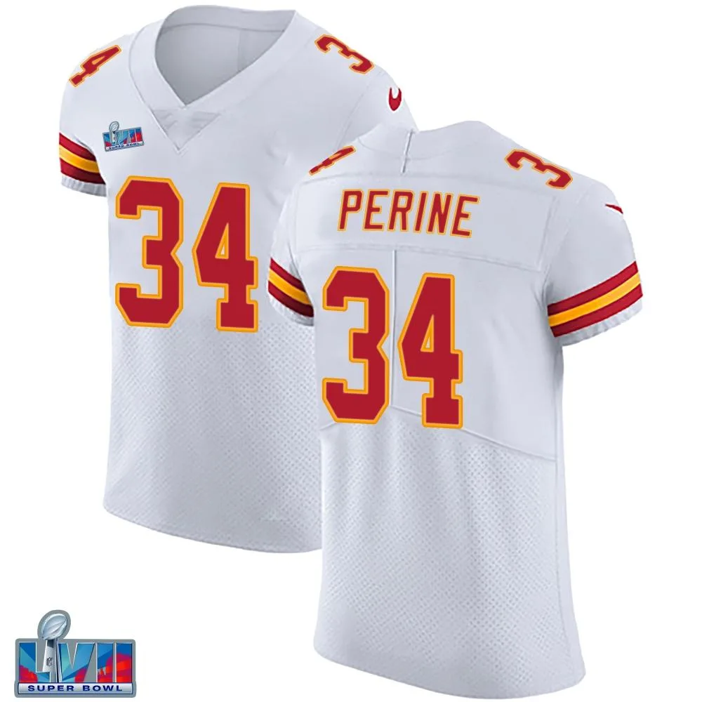 Men's Kansas City Chiefs Samaje Perine Nike Vapor Untouchable Super Bowl LVII Patch Elite White Jersey Men's Kansas City Chiefs Samaje Perine Nike Vapor Untouchable Super Bowl LVII Patch Elite White Jersey