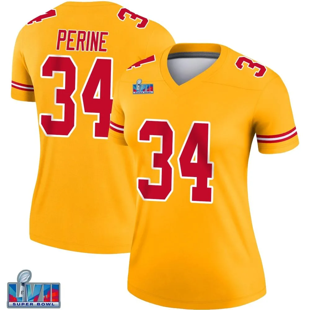 Women's Kansas City Chiefs Samaje Perine Nike Inverted Super Bowl LVII Patch Legend Gold Jersey Women's Kansas City Chiefs Samaje Perine Nike Inverted Super Bowl LVII Patch Legend Gold Jersey