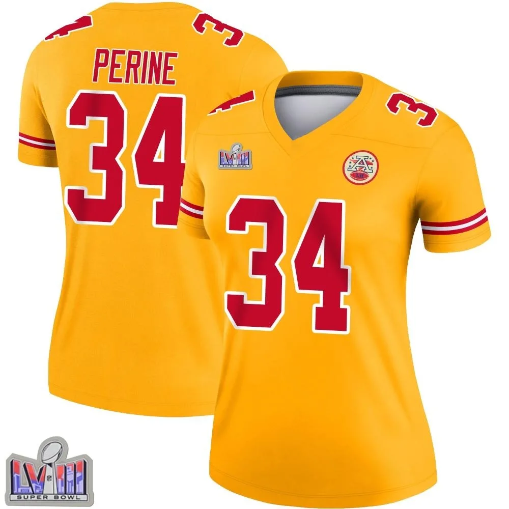 Women's Kansas City Chiefs Samaje Perine Nike Inverted Super Bowl LVIII Patch Legend Gold Jersey Women's Kansas City Chiefs Samaje Perine Nike Inverted Super Bowl LVIII Patch Legend Gold Jersey