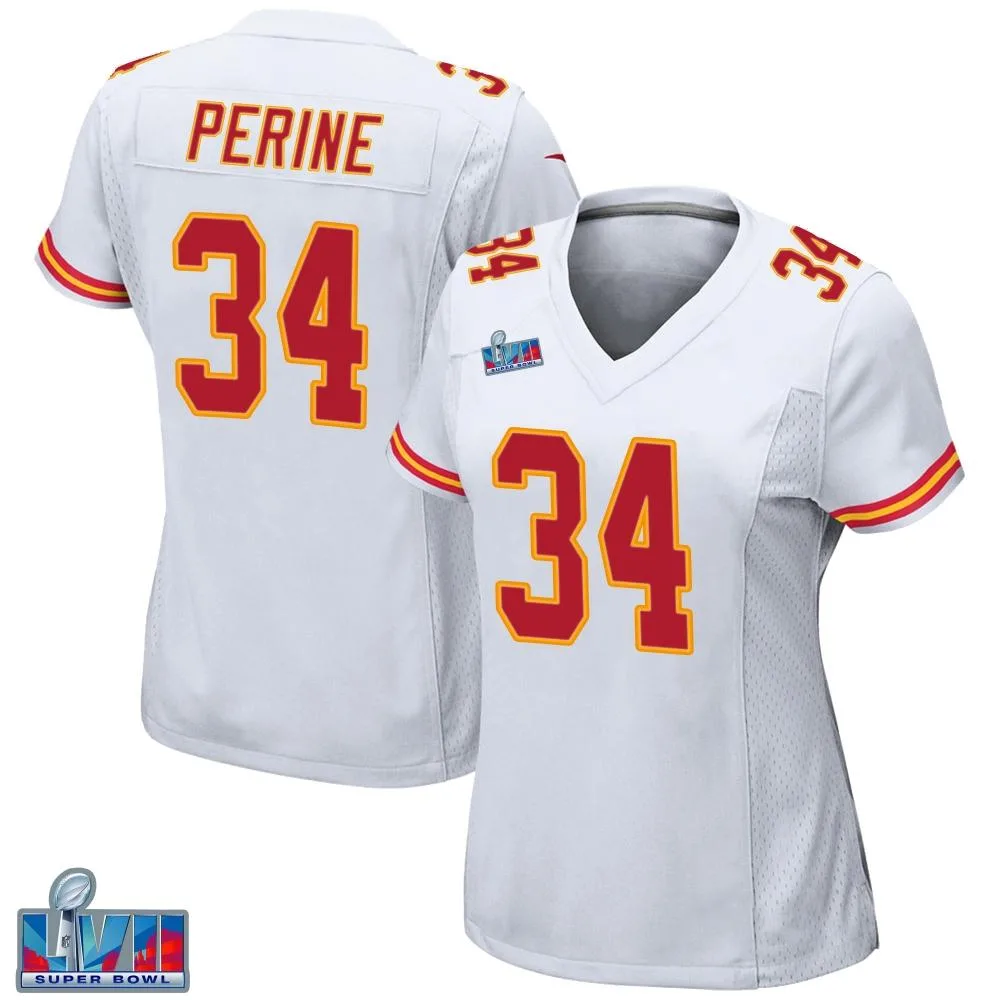 Women's Kansas City Chiefs Samaje Perine Nike Super Bowl LVII Patch Game White Jersey Women's Kansas City Chiefs Samaje Perine Nike Super Bowl LVII Patch Game White Jersey