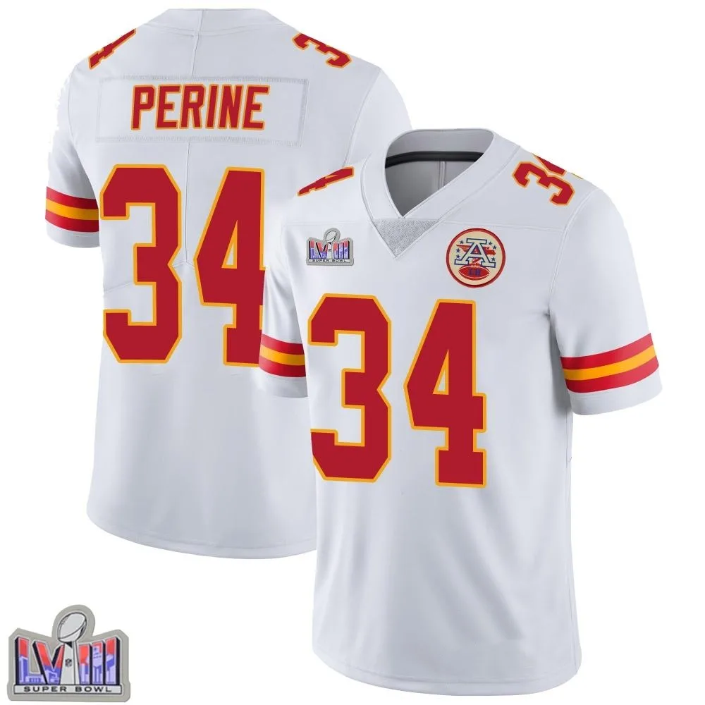 Youth Kansas City Chiefs Samaje Perine Nike Vapor Untouchable Super Bowl LVIII Patch Limited White Jersey Youth Kansas City Chiefs Samaje Perine Nike Vapor Untouchable Super Bowl LVIII Patch Limited White Jersey