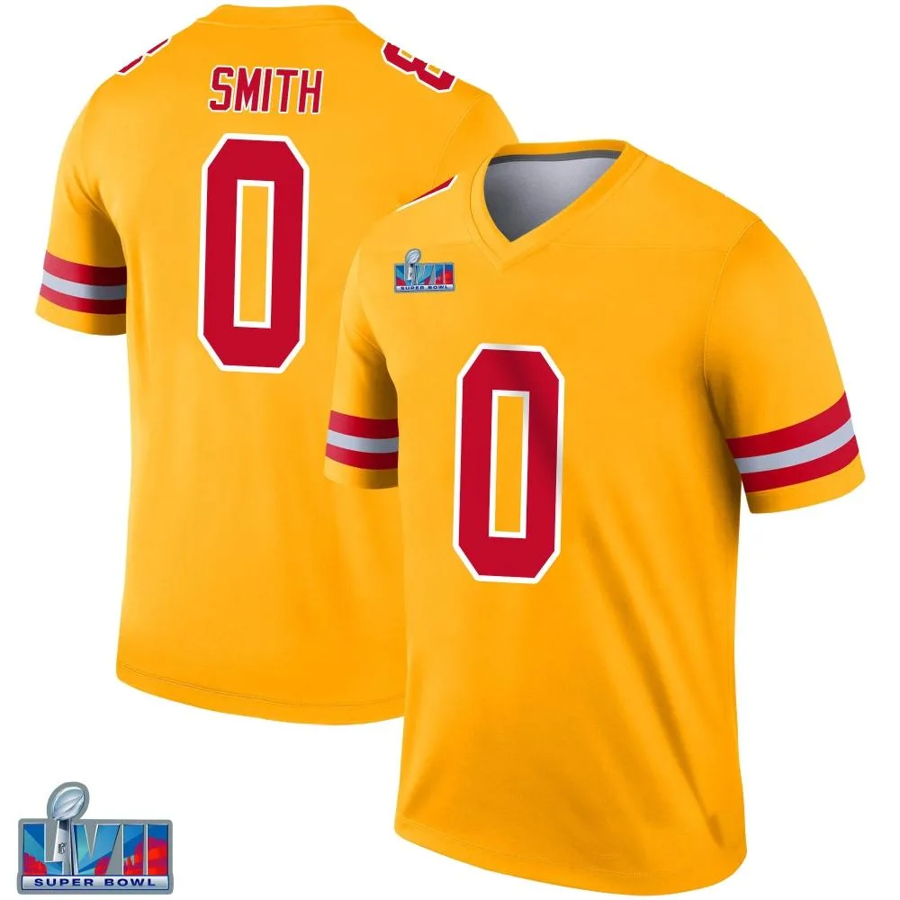 Men's Kansas City Chiefs Shi Smith Nike Inverted Super Bowl LVII Patch Legend Gold Jersey Men's Kansas City Chiefs Shi Smith Nike Inverted Super Bowl LVII Patch Legend Gold Jersey
