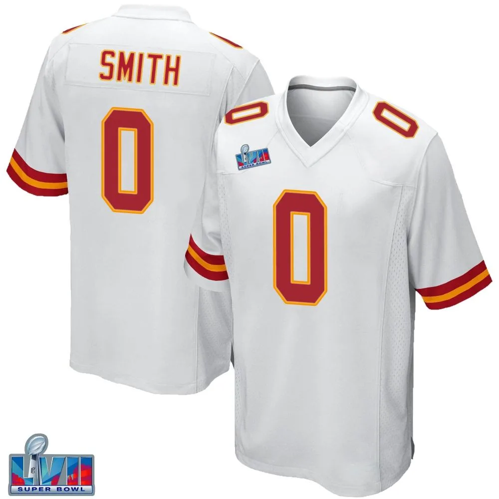 Youth Kansas City Chiefs Shi Smith Nike Super Bowl LVII Patch Game White Jersey Youth Kansas City Chiefs Shi Smith Nike Super Bowl LVII Patch Game White Jersey