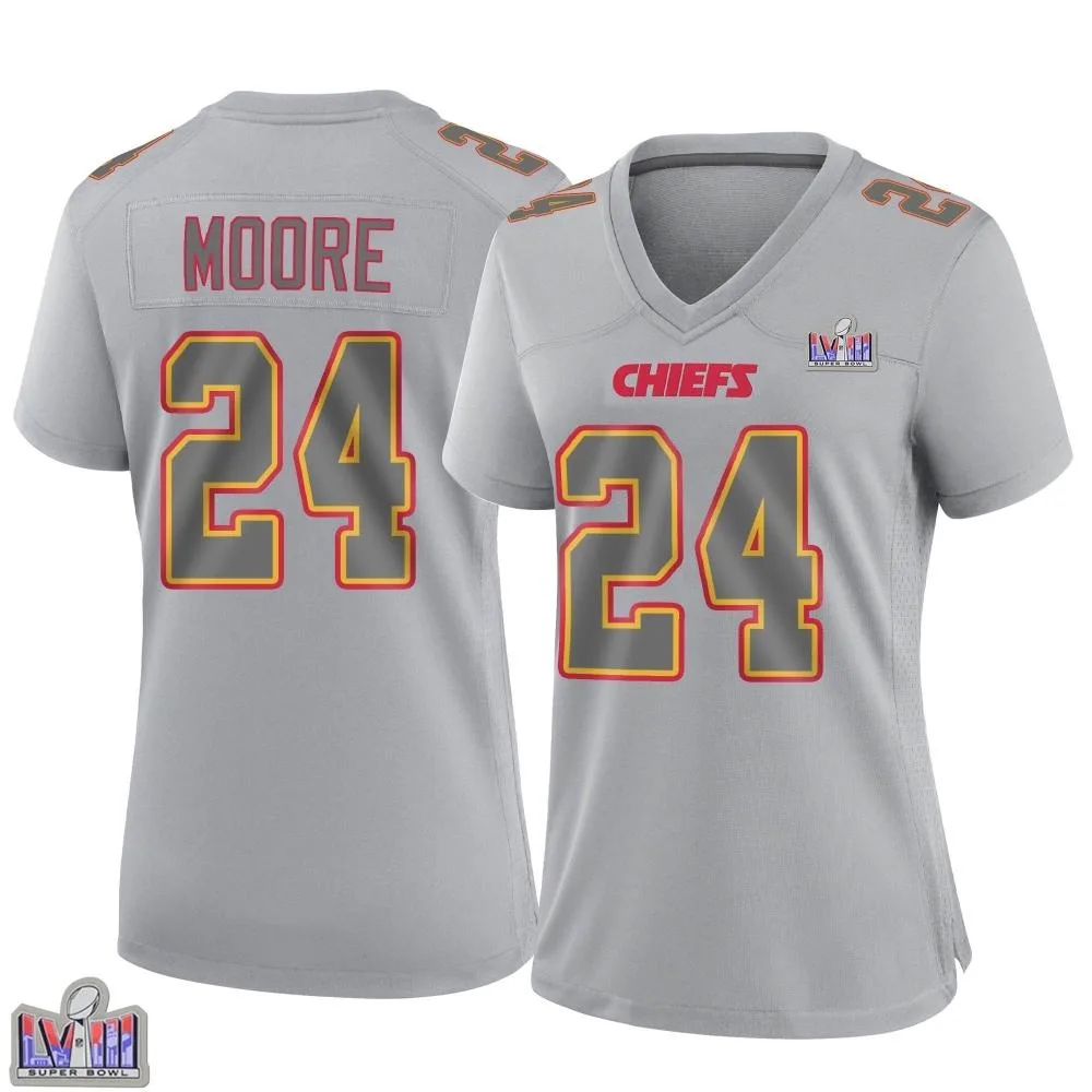 Women's Kansas City Chiefs Skyy Moore Nike Atmosphere Fashion Super Bowl LVIII Patch Game Gray Jersey Women's Kansas City Chiefs Skyy Moore Nike Atmosphere Fashion Super Bowl LVIII Patch Game Gray Jersey
