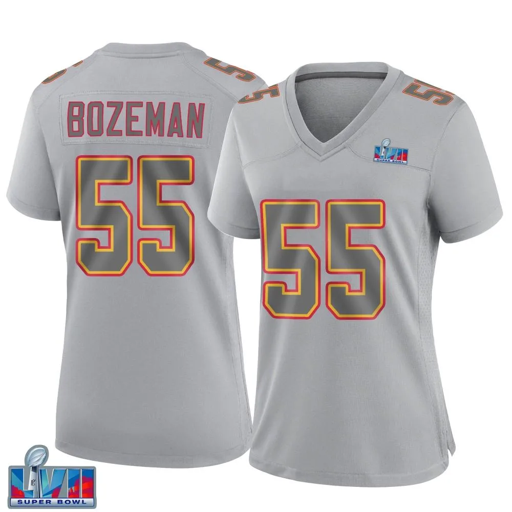 Women's Kansas City Chiefs Swayze Bozeman Nike Atmosphere Fashion Super Bowl LVII Patch Game Gray Jersey Women's Kansas City Chiefs Swayze Bozeman Nike Atmosphere Fashion Super Bowl LVII Patch Game Gray Jersey