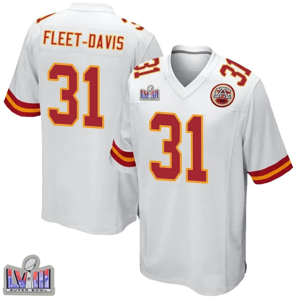 Men's Kansas City Chiefs Tayon Fleet-Davis Nike Super Bowl LVIII Patch Game White Jersey Men's Kansas City Chiefs Tayon Fleet-Davis Nike Super Bowl LVIII Patch Game White Jersey