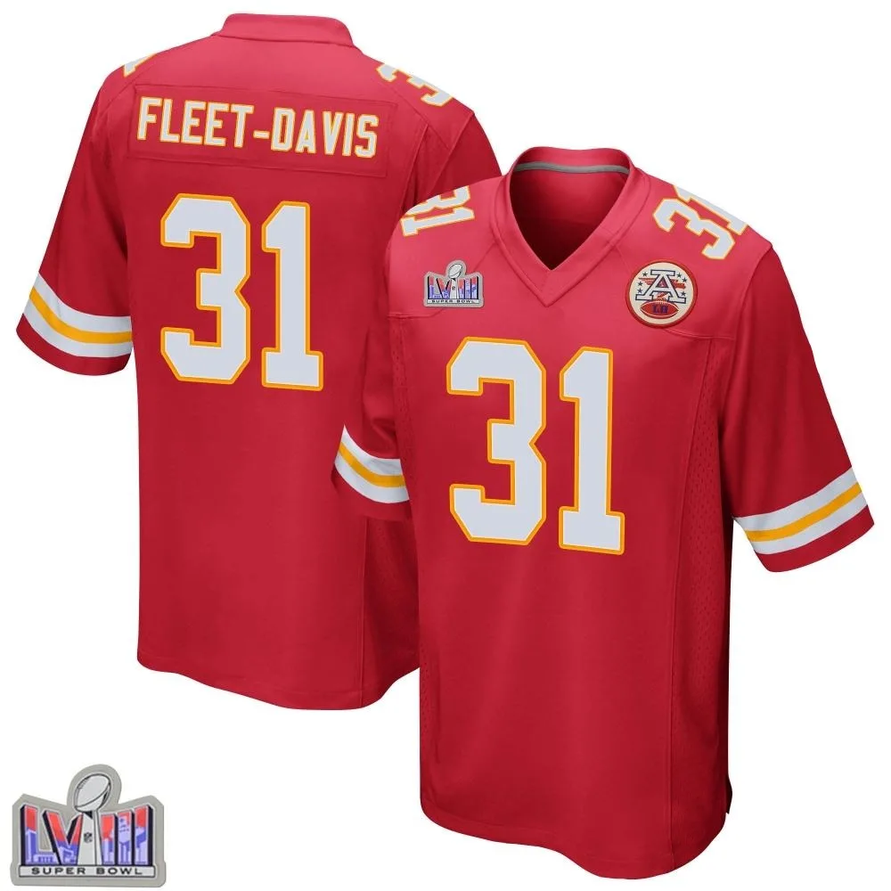 Men's Kansas City Chiefs Tayon Fleet-Davis Nike Team Color Super Bowl LVIII Patch Game Red Jersey Men's Kansas City Chiefs Tayon Fleet-Davis Nike Team Color Super Bowl LVIII Patch Game Red Jersey
