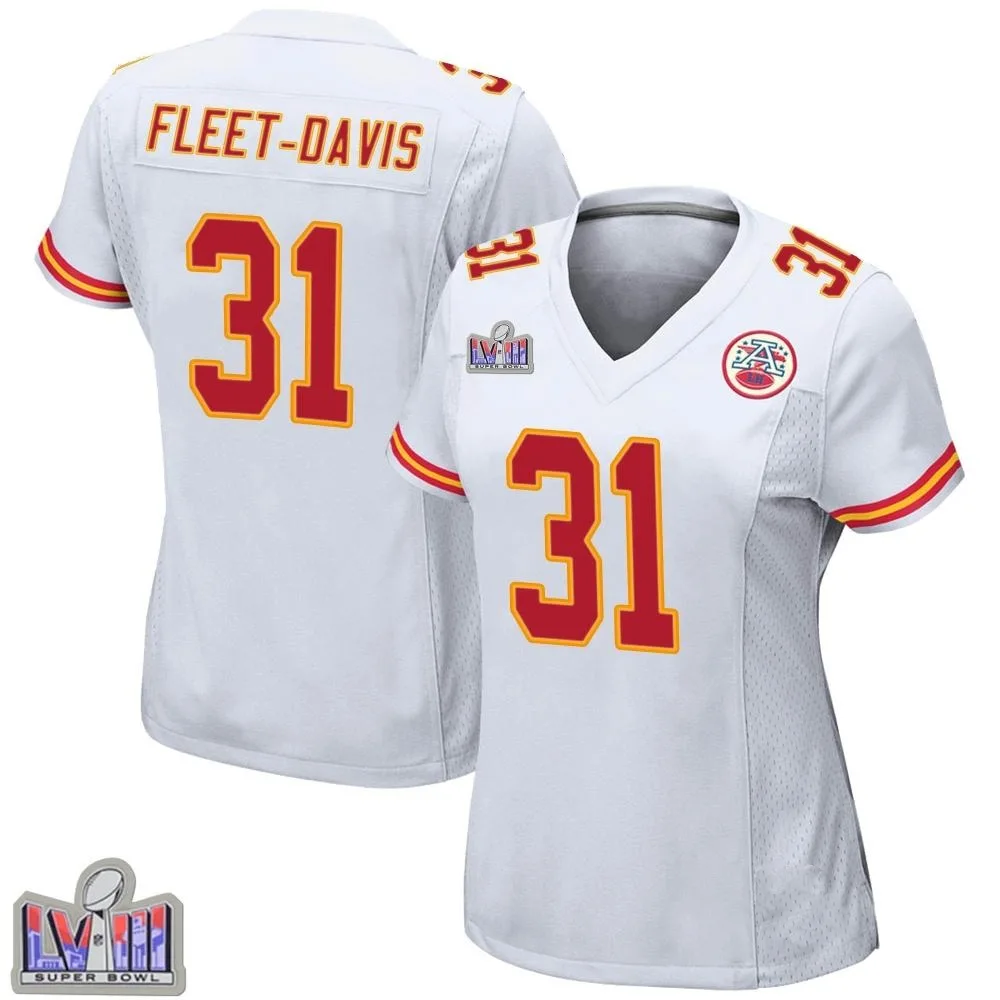 Women's Kansas City Chiefs Tayon Fleet-Davis Nike Super Bowl LVIII Patch Game White Jersey Women's Kansas City Chiefs Tayon Fleet-Davis Nike Super Bowl LVIII Patch Game White Jersey