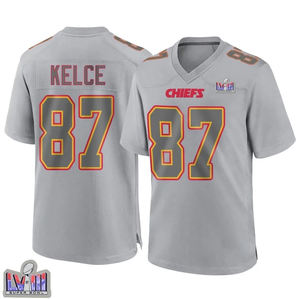 Men's Kansas City Chiefs Travis Kelce Nike Atmosphere Fashion Super Bowl LVIII Patch Game Gray Jersey Men's Kansas City Chiefs Travis Kelce Nike Atmosphere Fashion Super Bowl LVIII Patch Game Gray Jersey