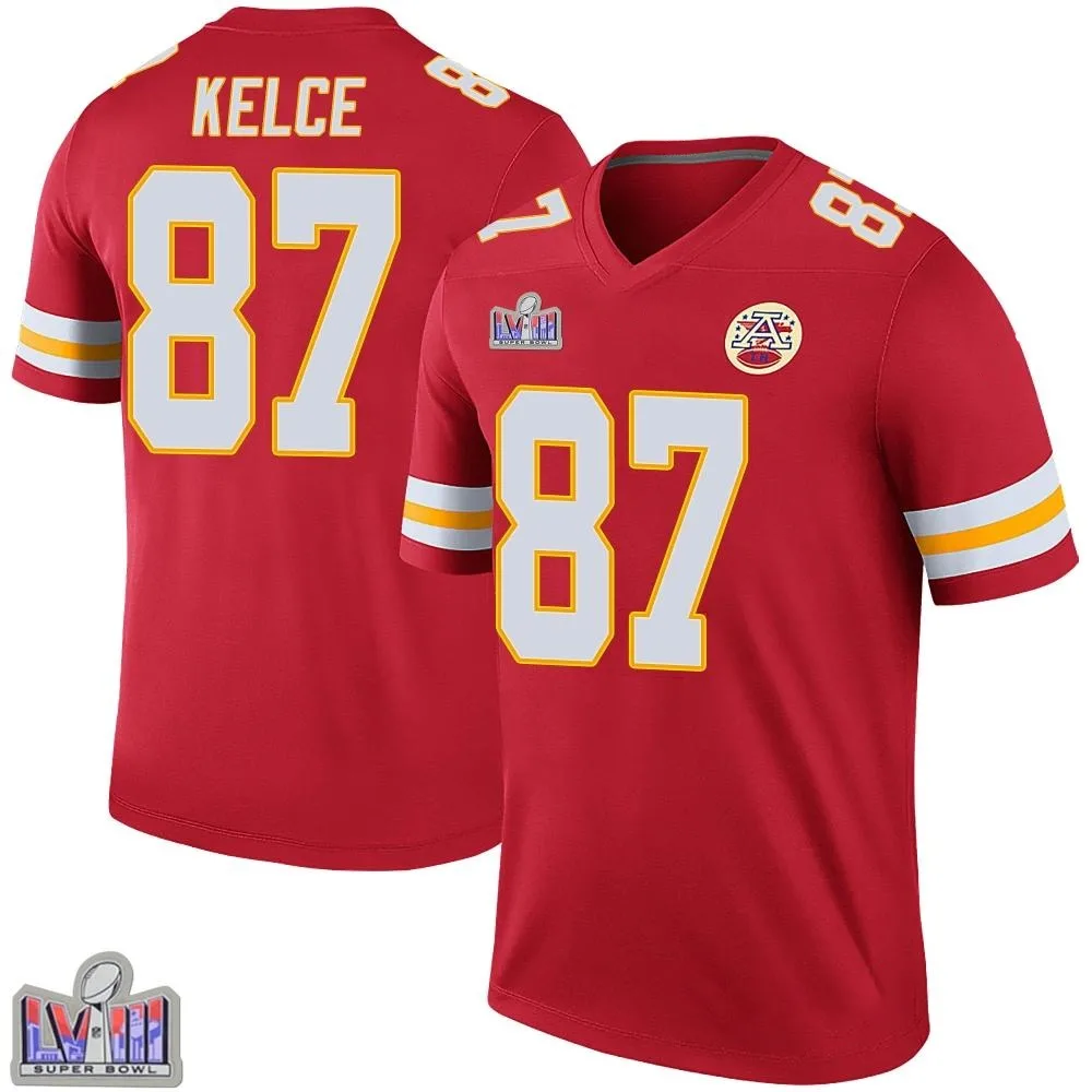 Men's Kansas City Chiefs Travis Kelce Nike Color Rush Super Bowl LVIII Patch Legend Red Jersey Men's Kansas City Chiefs Travis Kelce Nike Color Rush Super Bowl LVIII Patch Legend Red Jersey