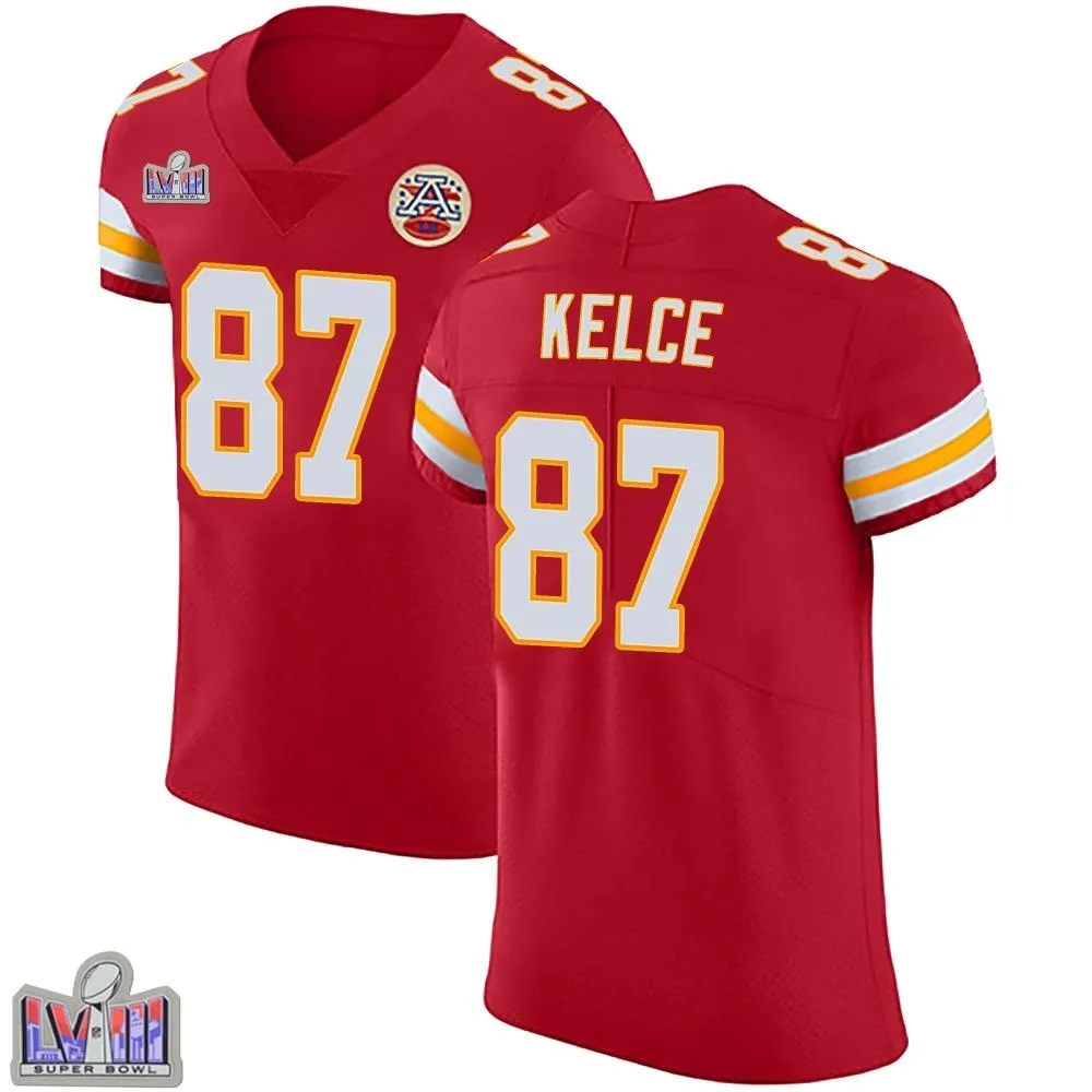 Men's Kansas City Chiefs Travis Kelce Nike Team Color Vapor Untouchable Super Bowl LVIII Patch Elite Red Jersey Men's Kansas City Chiefs Travis Kelce Nike Team Color Vapor Untouchable Super Bowl LVIII Patch Elite Red Jersey