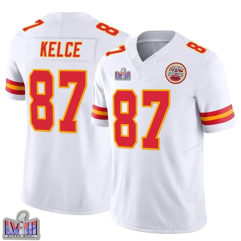 Men's Kansas City Chiefs Travis Kelce Nike Vapor F.U.S.E. Super Bowl LVIII Patch Limited White Jersey Men's Kansas City Chiefs Travis Kelce Nike Vapor F.U.S.E. Super Bowl LVIII Patch Limited White Jersey