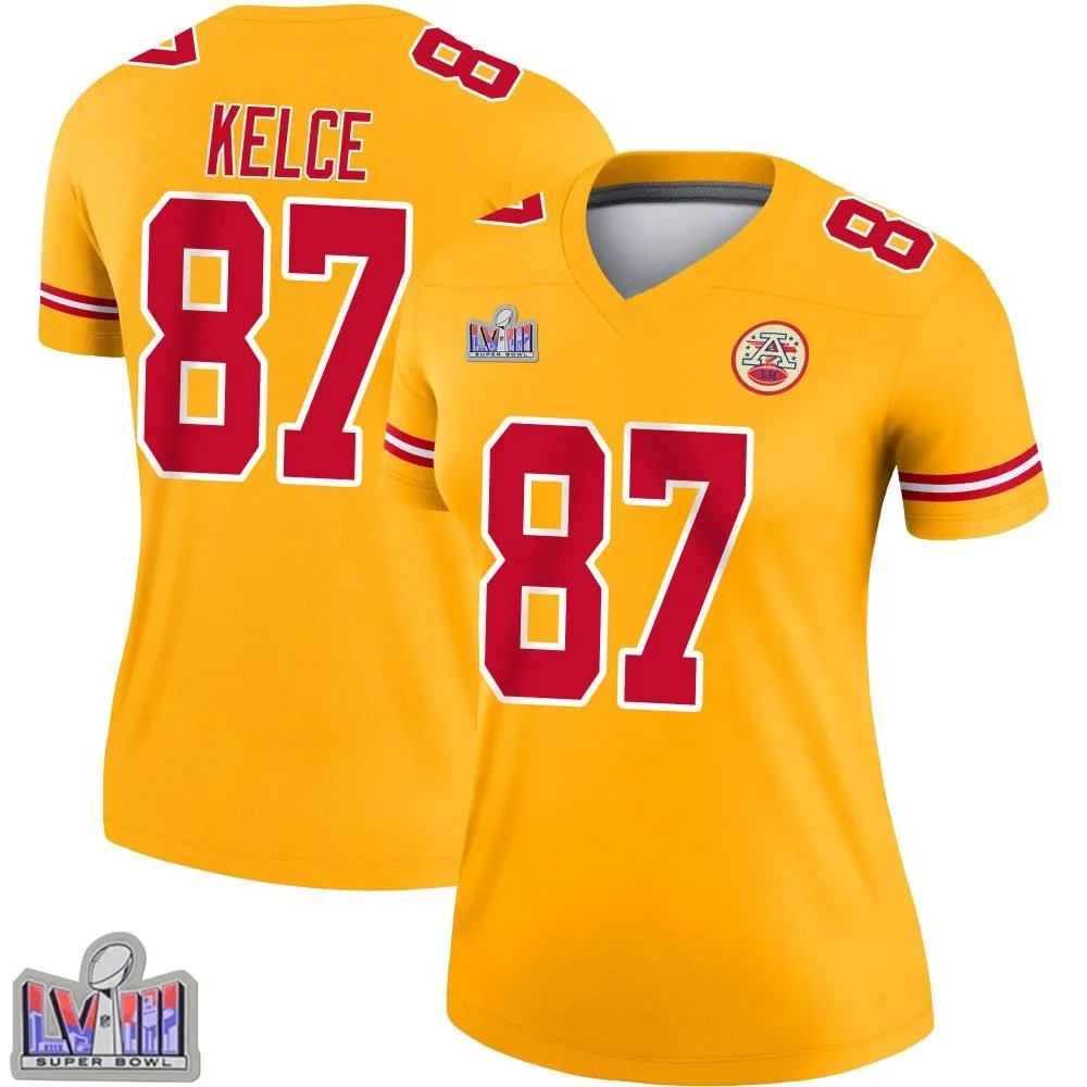 Women's Kansas City Chiefs Travis Kelce Nike Inverted Super Bowl LVIII Patch Legend Gold Jersey Women's Kansas City Chiefs Travis Kelce Nike Inverted Super Bowl LVIII Patch Legend Gold Jersey