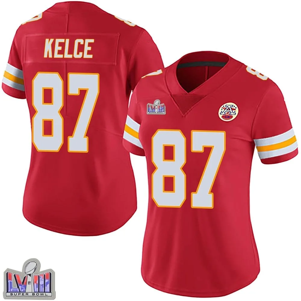 Women's Kansas City Chiefs Travis Kelce Nike Team Color Vapor Untouchable Super Bowl LVIII Patch Limited Red Jersey Women's Kansas City Chiefs Travis Kelce Nike Team Color Vapor Untouchable Super Bowl LVIII Patch Limited Red Jersey