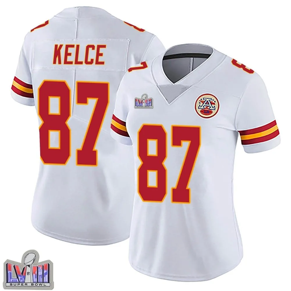 Women's Kansas City Chiefs Travis Kelce Nike Vapor Untouchable Super Bowl LVIII Patch Limited White Jersey Women's Kansas City Chiefs Travis Kelce Nike Vapor Untouchable Super Bowl LVIII Patch Limited White Jersey